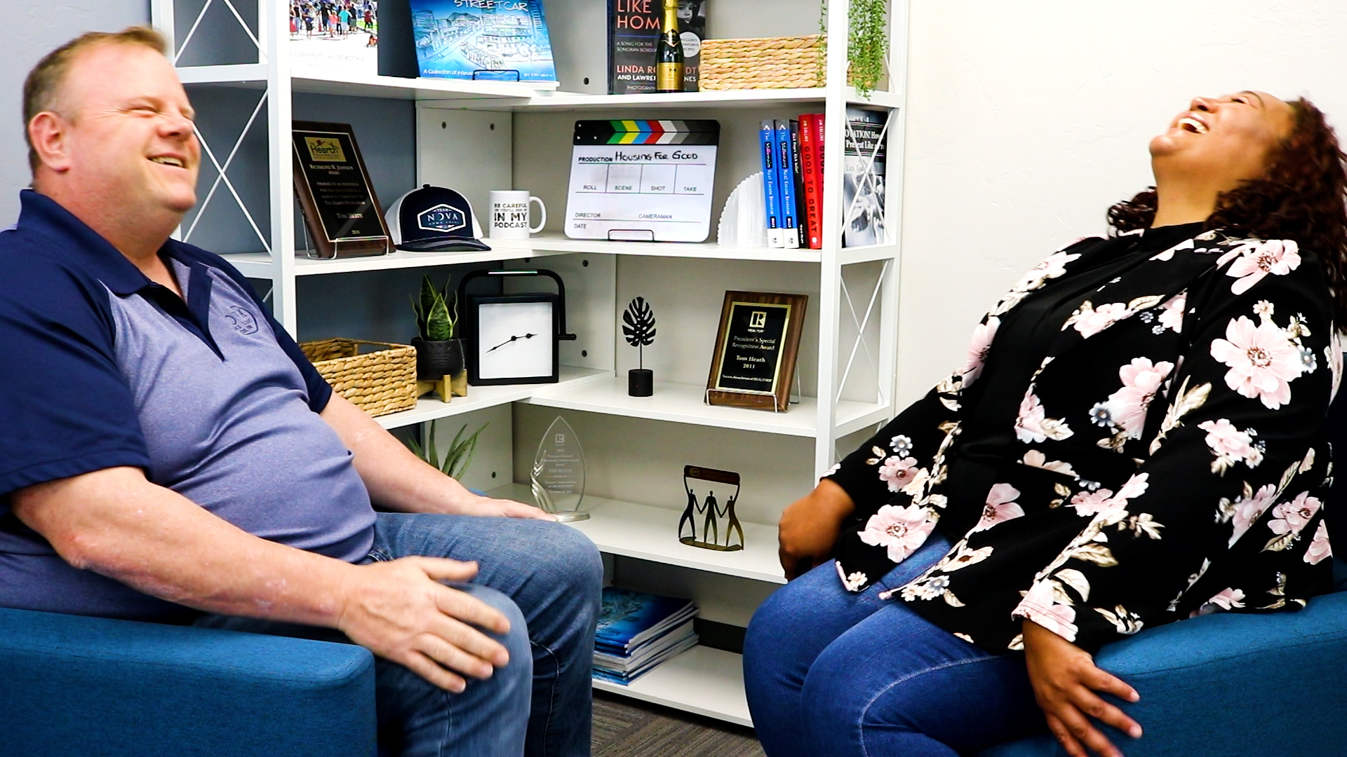 Tom Heath and Lydia Jasso laughing together during a Housing4Good interview, highlighting work-life balance as a single parent.